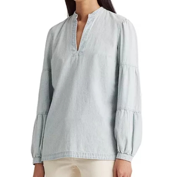 Ralph Lauren Chambray V-Neck Tiered Sleeve Boho Top Bleached Washed Blue XXL - Picture 1 of 9